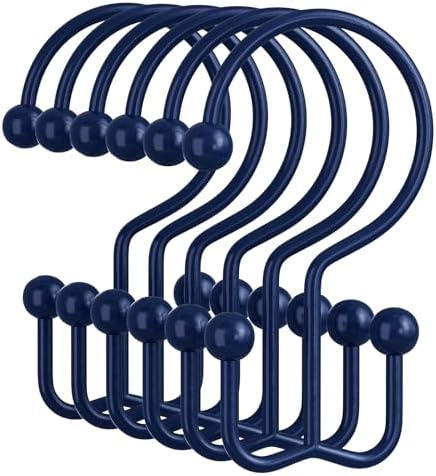 Amazer Navy Blue Shower Curtain Hooks, 12PCS Minimalist Simple Double Shower Curtain Rings, Rust-Resistant Metal Shower Hooks Shower Curtain Hangers, Shower Rings for Bathroom Shower Rods Curtains