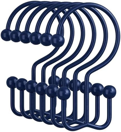Amazer Navy Blue Shower Curtain Hooks, 12PCS Minimalist Simple Double Shower Curtain Rings, Rust-Resistant Metal Shower Hooks Shower Curtain Hangers, Shower Rings for Bathroom Shower Rods Curtains
