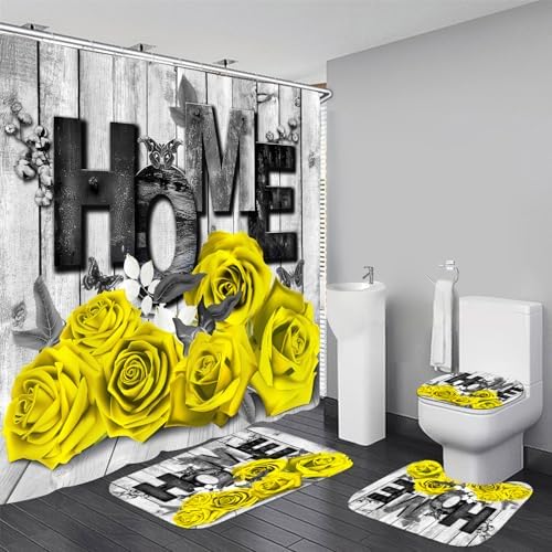 Yddsky 4 Pcs Yellow Rose Shower Curtain Set with Rugs Bathroom Set