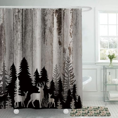 Honoson 8 Pcs Wildlife Animal Shower Curtain Set with Rugs and Kitchen Towels Cabin Deer Bear Forest Decor Shower Curtain Bathroom Set for Farmhouse Country Halloween Housewarming Gifts Decor