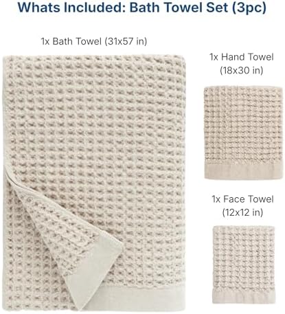 ONSEN Supima® Waffle Bath Towel Set, Quick Dry Lint Free 100% USA Cotton, Bath Hand and Face Towel Bundle, 3 Piece (Oatmeal, Bath Towel Set)