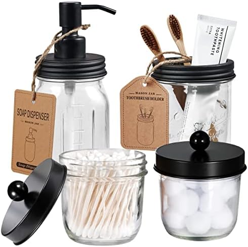 Amolliar Mason Jar Bathroom Accessories Set, 4Pcs Glass Bathroom Set, Black