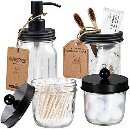 Amolliar Mason Jar Bathroom Accessories Set, 4Pcs Glass Bathroom Set, Black