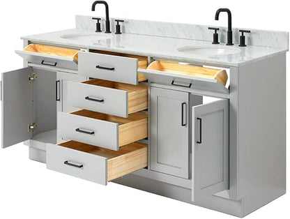 ARIEL Hepburn 72-inch Bathroom Vanity with Sink,Solid Wood, 0.75-inch Italian Carrara Marble Countertop & Backsplash, Double Oval Porcelain Sink, 4 Soft Closing Doors, 6 Dovetail Drawers, Grey