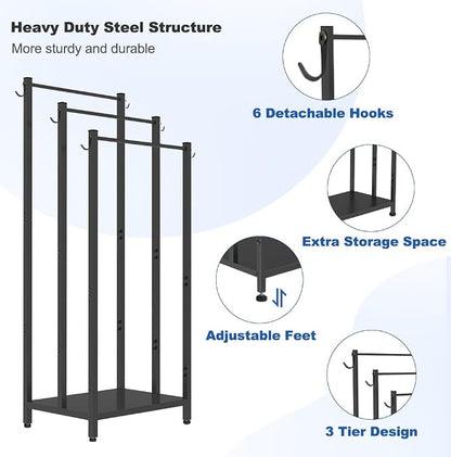 44 Inch Tall Free Standing Towel Rack, Black | 3 Tiers Heavy Duty Blanket Drying Stand Holder with Metal Storage Shelf & 6 Hooks for Bathroom, Pool, Bedroom, Living Room
