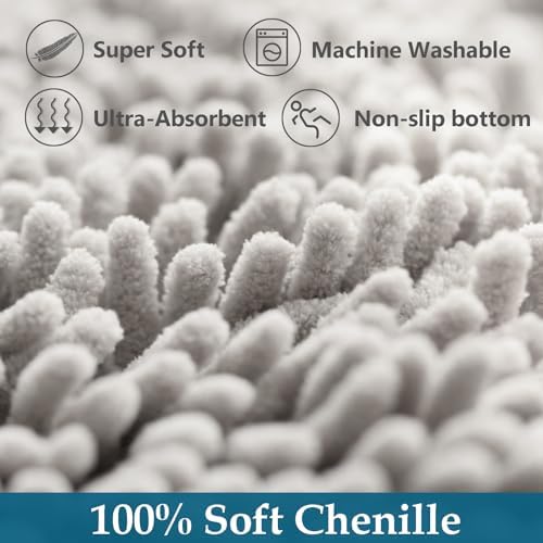Bathroom Rugs Set 2 Piece Bath Mats Non Slip for Bathrooms, Thick Soft Chenille Rug Set, Bathtub Mats, Ultra Absorbent Bath Carpet, Shaggy Floor Mat, Ashy Grey, 20"x32" & 16"x24"