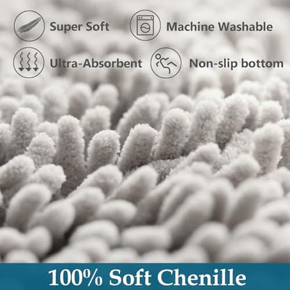 Bathroom Rugs Set 2 Piece Bath Mats Non Slip for Bathrooms, Thick Soft Chenille Rug Set, Bathtub Mats, Ultra Absorbent Bath Carpet, Shaggy Floor Mat, Ashy Grey, 20"x32" & 16"x24"