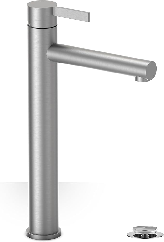 Single Hole Tall Brushed Nickel Vessel Bathroom Sink Faucet, One Hole Single Handle Modern Bathroom Faucet, with Pop Up Drain and Water Supply Line,FH01-BN-V