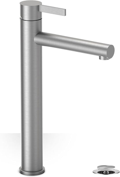 Single Hole Tall Brushed Nickel Vessel Bathroom Sink Faucet, One Hole Single Handle Modern Bathroom Faucet, with Pop Up Drain and Water Supply Line,FH01-BN-V
