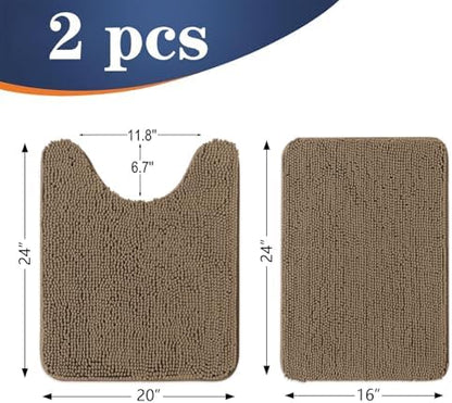 OLANLY Chenille Bathroom Rugs Mats Sets 2 Piece, 24"x16"+24"x20", Tan