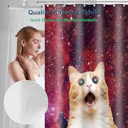 Funny Ginger Cat Red Galaxy Nebula Shower Curtain with Hooks 72 x 72 Inches