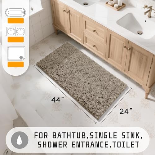 Yimobra Long Bathroom Rugs 44"x24", Extra Soft Non Slip Bath Mat for Tub, Super Absorbent Quick Dry Shaggy Rug Floor Carpet, Machine Washable,Camel
