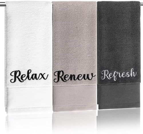 Tiamon 3 Pcs Bathroom Towel Decorative Set 100% Cotton Fluffy Bath Hand Towels for Guest Gifts Farmhouse Kitchen Hand Towels Home(Black, White, Gray,30 x 13 Inch,Relax Renew Refresh)