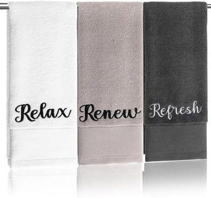 Tiamon 3 Pcs Bathroom Towel Decorative Set 100% Cotton Fluffy Bath Hand Towels for Guest Gifts Farmhouse Kitchen Hand Towels Home(Black, White, Gray,30 x 13 Inch,Relax Renew Refresh)