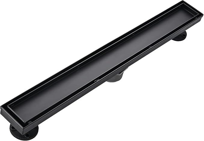 Linear Shower Floor Drain, Black 24 Inch 304 Stainless Steel Bathroom Drains Kit, Rectangular Shower Trench Drain with Reversable Tile-in Pattern Drain Cover & Hair Catcher