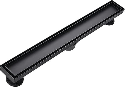 Linear Shower Floor Drain, Black 24 Inch 304 Stainless Steel Bathroom Drains Kit, Rectangular Shower Trench Drain with Reversable Tile-in Pattern Drain Cover & Hair Catcher