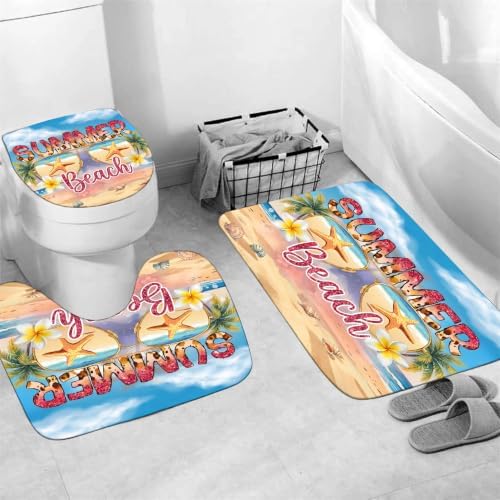 LQCOOL Beach Scene Shower Curtain Set 4Pcs Summery Bathroom Sets with Rugs Waterproof Shower Curtain with 12 Hooks for Bathroom Decor