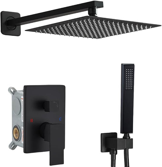 Shower Faucet Set Complete, Wall Mount Shower System for Bathroom 12 Inch High-Pressure Rainfall Shower with Handheld, Rough-in Valve Body and Trim Kit, Matte Black