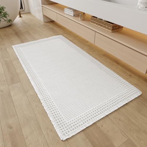 RESARE Waffle Bathroom Runner Rugs, Non Slip Boho Bath Mat 24"x48" White