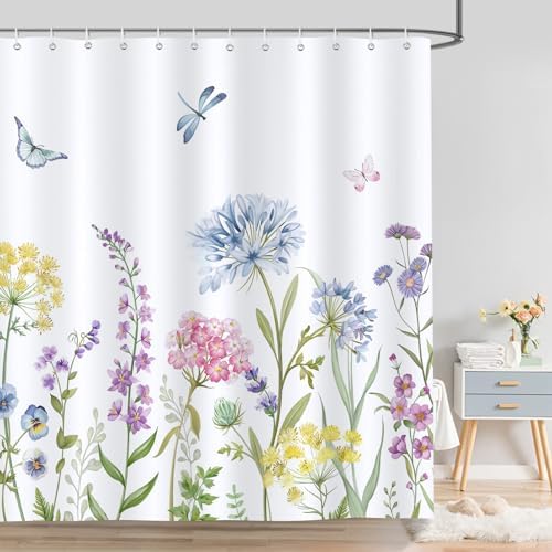 Bonhause Spring Floral Shower Curtain, Pink Yellow Blue Flowers Hydrangea Butterfly Plants Bathroom Decor 72x72 Inch Polyester Fabric Waterproof Bath Curtain with 12 Hooks