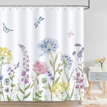 Bonhause Spring Floral Shower Curtain, Pink Yellow Blue Flowers Hydrangea Butterfly Plants Bathroom Decor 72x72 Inch Polyester Fabric Waterproof Bath Curtain with 12 Hooks