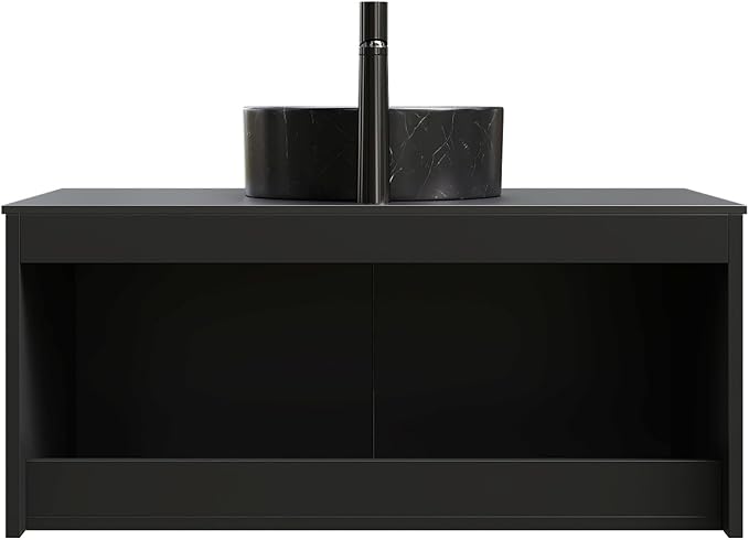Bathroom Vanity with Sink 36 Inch, Floating Modern Vanity with Vessel Sink, Fluted Bathroom Vanity Cabinet with 2 Doors with Metal Trim, Black Round Sink & Sintered Stone Top, Black