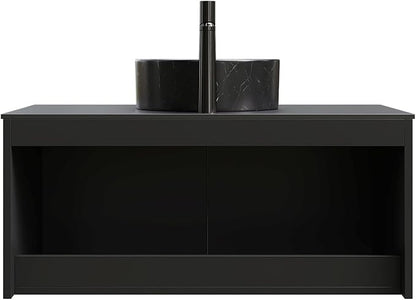 Bathroom Vanity with Sink 36 Inch, Floating Modern Vanity with Vessel Sink, Fluted Bathroom Vanity Cabinet with 2 Doors with Metal Trim, Black Round Sink & Sintered Stone Top, Black