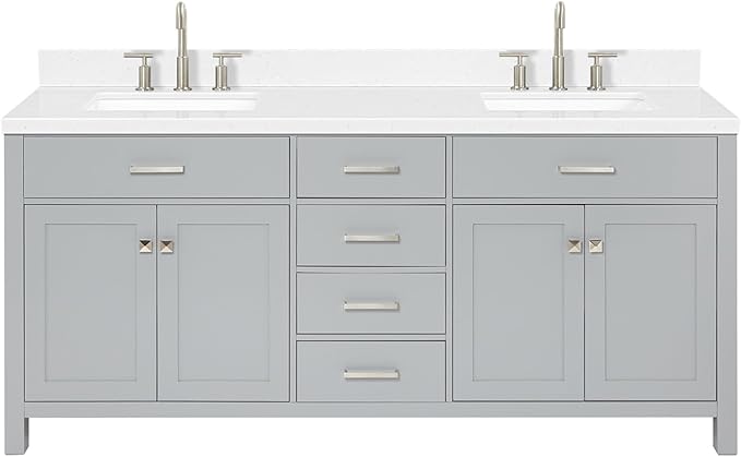 ARIEL Bristol 72-inch Bathroom Vanity with Sink,Solid Wood, 1.5-inch Carrara White Quartz Countertop & Backsplash, Double Rectangular Porcelain Sink, 4 Soft Closing Doors, 4 Dovetail Drawers, Grey