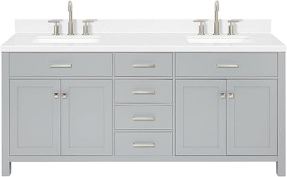 ARIEL Bristol 72-inch Bathroom Vanity with Sink,Solid Wood, 1.5-inch Carrara White Quartz Countertop & Backsplash, Double Rectangular Porcelain Sink, 4 Soft Closing Doors, 4 Dovetail Drawers, Grey