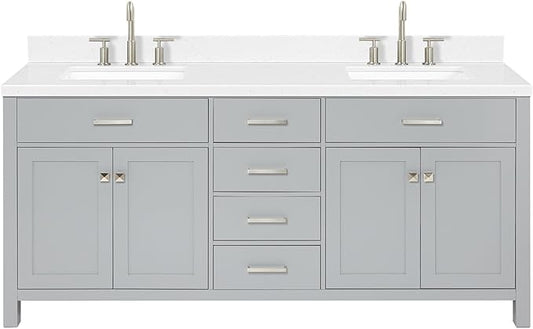 ARIEL Bristol 72-inch Bathroom Vanity with Sink,Solid Wood, 1.5-inch Carrara White Quartz Countertop & Backsplash, Double Rectangular Porcelain Sink, 4 Soft Closing Doors, 4 Dovetail Drawers, Grey
