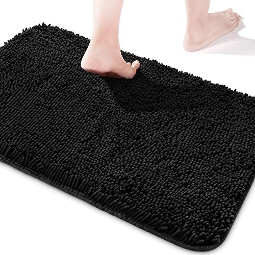 Yeaban Chenille Black Bathroom Rug 17"x24", Non-Slip Rubber Backing
