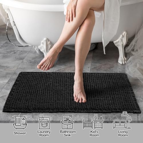 ZALL Waffle Bath Mat Black Super Absorbent Non Slip Bathroom Rug,Rhombus Geometric 18x30inch,Machine Washable Ultra Soft Floor Mats