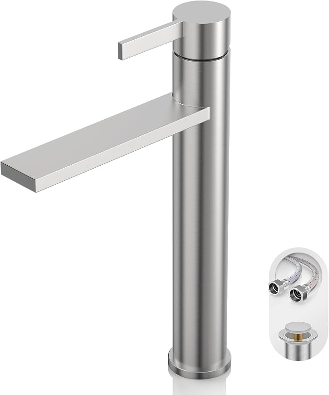Brushed Nickel Tall Bathroom Vessel Sink Faucet, Single Hole Single Handle Modern Bathroom Faucet, with Pop Up Drain and Water Supply Line, FH02-BN-V