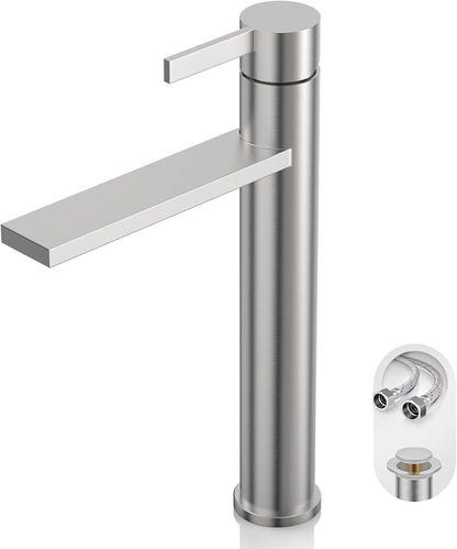 Brushed Nickel Tall Bathroom Vessel Sink Faucet, Single Hole Single Handle Modern Bathroom Faucet, with Pop Up Drain and Water Supply Line, FH02-BN-V
