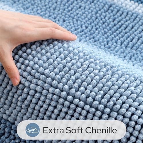 HOMEIDEAS Blue Bathroom Rugs Set, Striped Chenille, 20"x32"+17"x24"