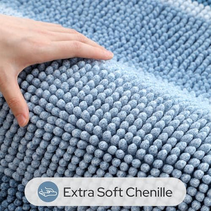 HOMEIDEAS Blue Bathroom Rugs Set, Striped Chenille, 20"x32"+17"x24"