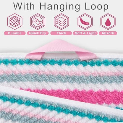 VOOVA & MOVAS Striped Towels 3 Pack, 100% Cotton, Pink Aqua