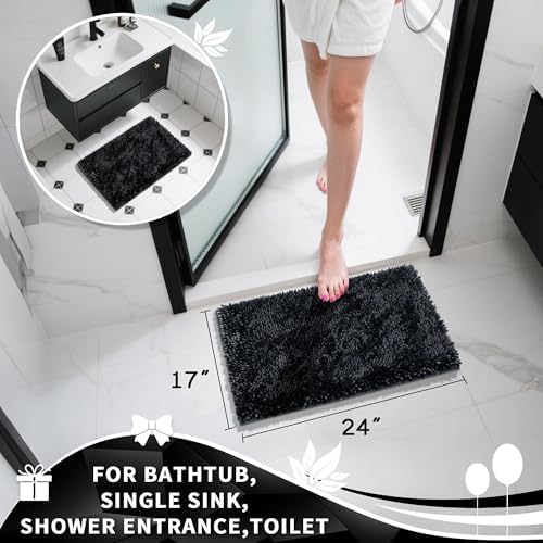 Yimobra Chenille Black Bathroom Rug, Ultra Soft Non Slip Bath Mat, 24 x 17