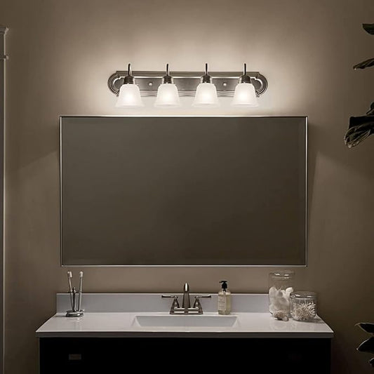 Kichler 30" Bathroom Vanity Light with Satin Etched Glass, 4-Light Traditional Design in Tannery Bronze, (30"x8"x8"), 5338TZS