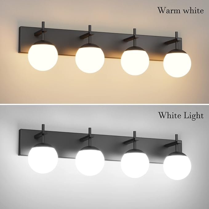 Ralbay Mid Century Modern Vanity Lights 4-Light Mid Century Modern Bathroom Light Fixtures Over Mirror, Milky Glass Globe Matte Black Bathroom Wall Light Fixture (Exclude Bulb)