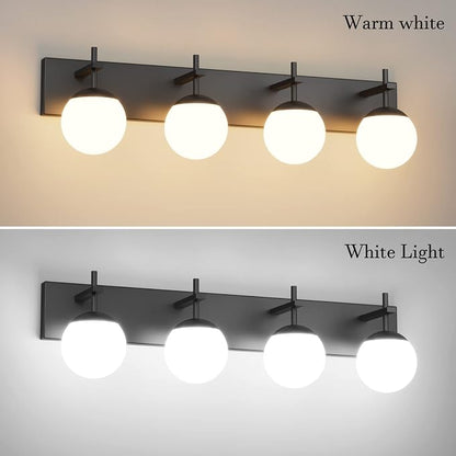 Ralbay Mid Century Modern Vanity Lights 4-Light Mid Century Modern Bathroom Light Fixtures Over Mirror, Milky Glass Globe Matte Black Bathroom Wall Light Fixture (Exclude Bulb)