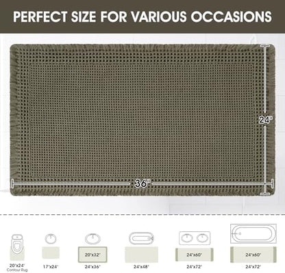 Upgraded Waffle Bath Mat, 36"x24" Greyish Green-Bordered, Super Absorbent Non-Slip Quick Dry Bathroom Rugs with Tassels, Machine Washable Ultra Soft Boho Bath Rugs, Toilet Mats Boho Farmhouse Decor