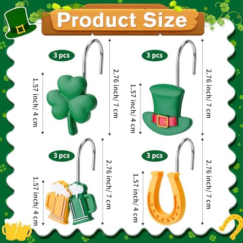 Thyle 12 Pcs St Patrick's Day Shower Curtain Hooks, Irish Ornament Rings with Shamrock Green Hat Horseshoe Beer Mug Curtain Hangers Irish Decorative for Home Holiday Bathroom Bedroom Accessories Decor