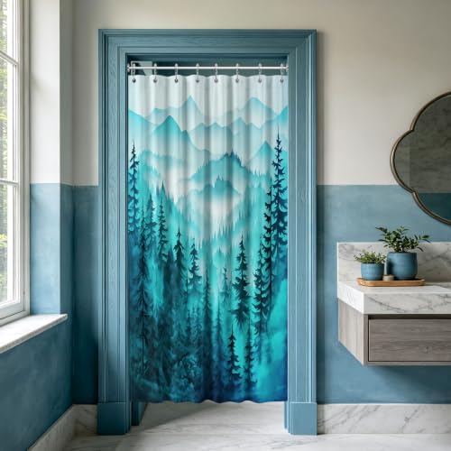 Dark Teal Forest Stall Shower Curtain, 47X64 in Narrow Small, Mountain