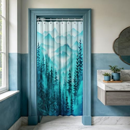 Dark Teal Forest Stall Shower Curtain, 47X64 in Narrow Small, Mountain