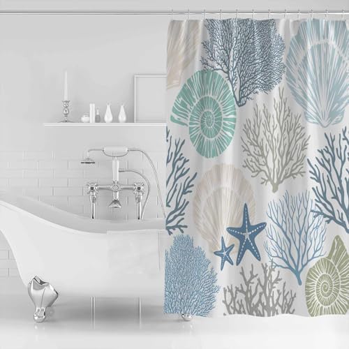 Shower Curtain Bathroom Set Blue Ocean Shells Coral Waterproof Shower Curtains with Grommets Hooks Conch Starfish Marine Life Privacy Bath Curtain for Bathtub Decor 60x72in