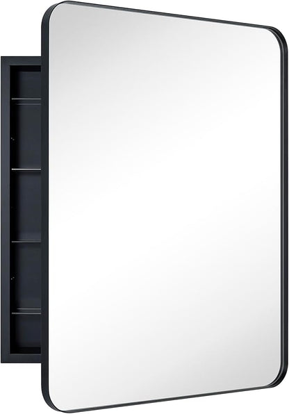 Matt Black Rectangle Recessed Bathroom Medicine Cabinet with Mirror Stainless Steel Metal Framed Rounded Rectangular Bathroom Cabinet with Mirror 24x30''