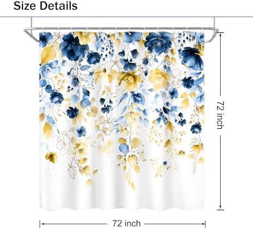 Blue Yellow Floral Watercolor Eucalyptus Leaf Bathroom Shower Curtain Set