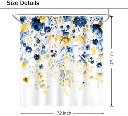 Blue Yellow Floral Watercolor Eucalyptus Leaf Bathroom Shower Curtain Set
