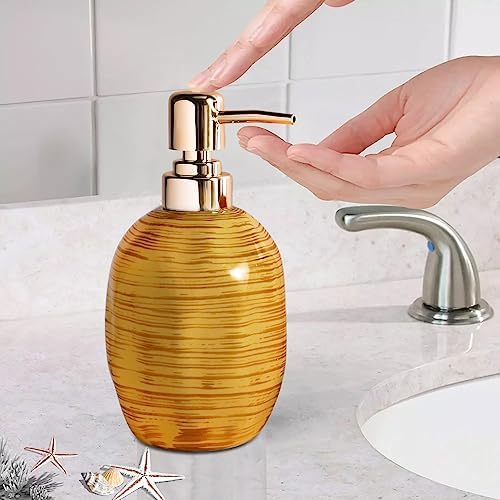 Bathroom Accessories Set, 3 Pcs Marble Look Bath Set Soap Dispenser & Toothbrush Holder Set, Counter Top Restroom Apartment Decor Stuff, Ceramic Kits, Unique Gift, Yellow